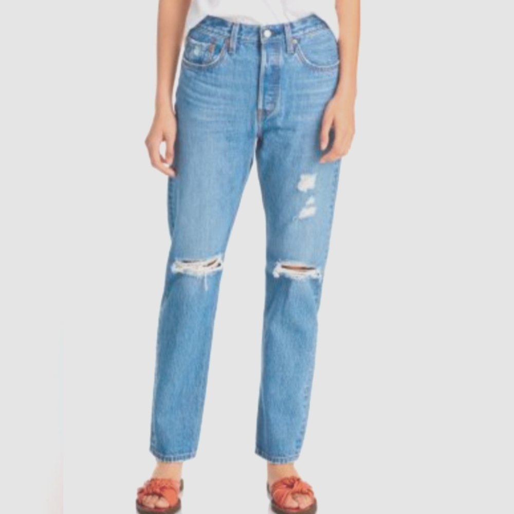 Levis Premium 501 Wedgie Big E Straight Button Fly Distressed Jean Sz 27